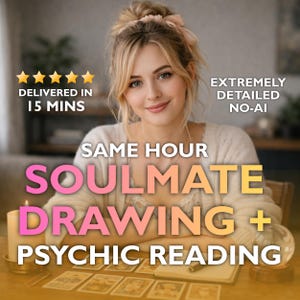 May include: Image features a woman with blonde hair and a soft smile. Text overlay reads "SAME HOUR SOULMATE DRAWING + PSYCHIC READING" and "DELIVERED IN 15 MINS". A lit candle, tarot cards, and a crystal ball are on the table.
