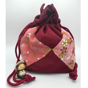 Japanese Lotus Kinchaku Purse Pink Sakura Kimono Fabric Kyoto Drawstring Shiawase Burgundy