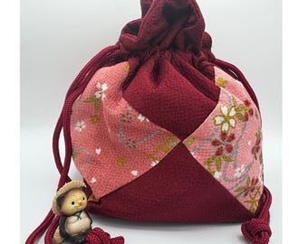 Japanese Lotus Kinchaku Purse Pink Sakura Kimono Fabric Kyoto Drawstring Shiawase Burgundy