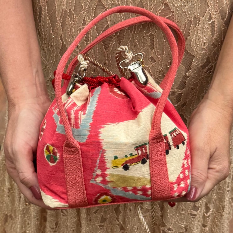 Japanese Kinchaku Purse Kimono Fabric Kyoto Drawstring Coral Toy Pattern