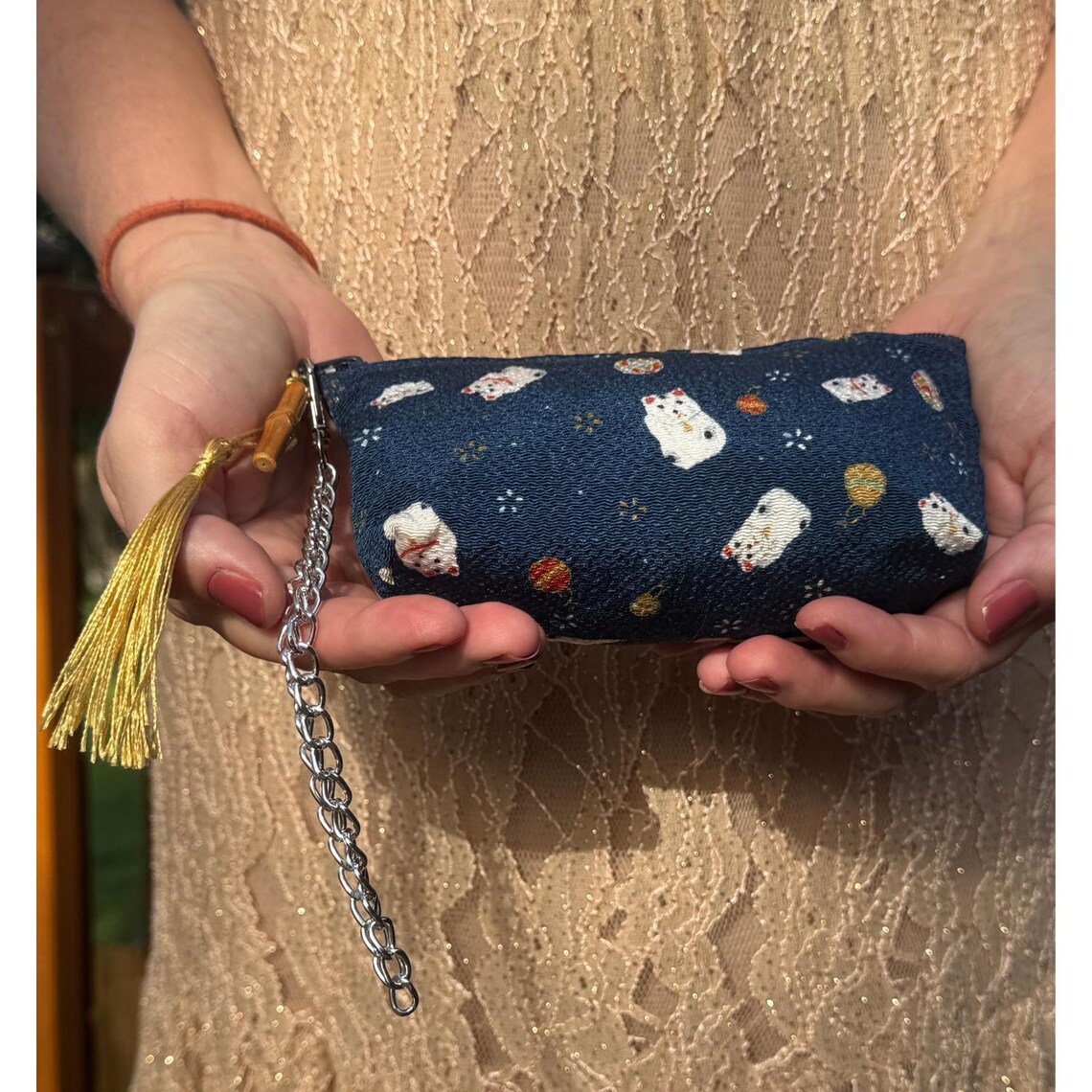 Japanese Makeup Bag Pouch Lucky Cat Navy Blue Kimono Fabric Kyoto Zipper