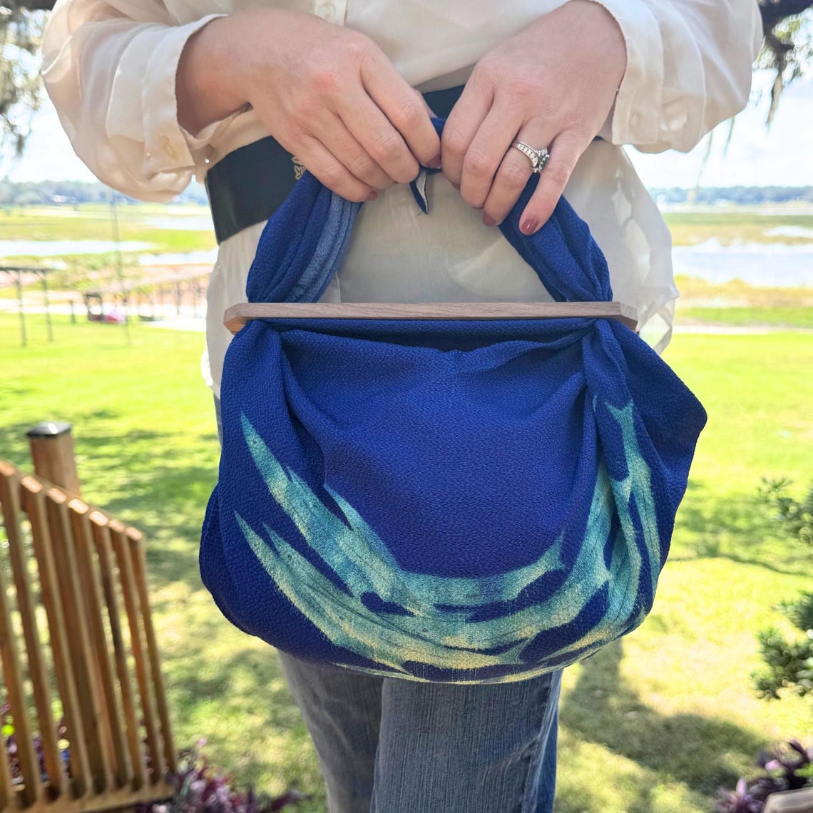 Handmade Walnut Handle Furoshiki Bag Set, Magnetic Patchin with Blue Fish Crepe Cloth, Japanese Eco Tote Purse