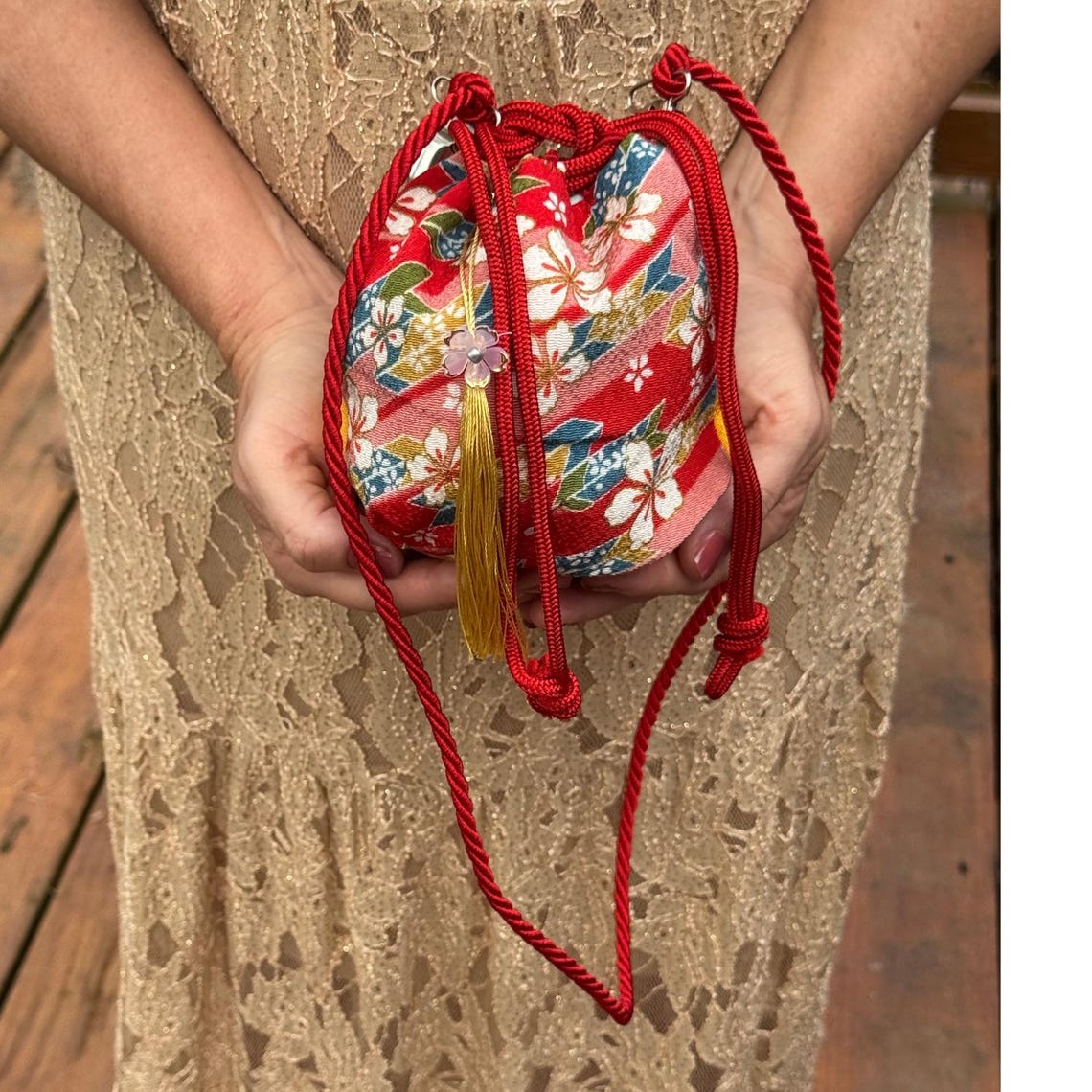Japanese Kinchaku Purse Red Sakura Kimono Fabric Kyoto Drawstring