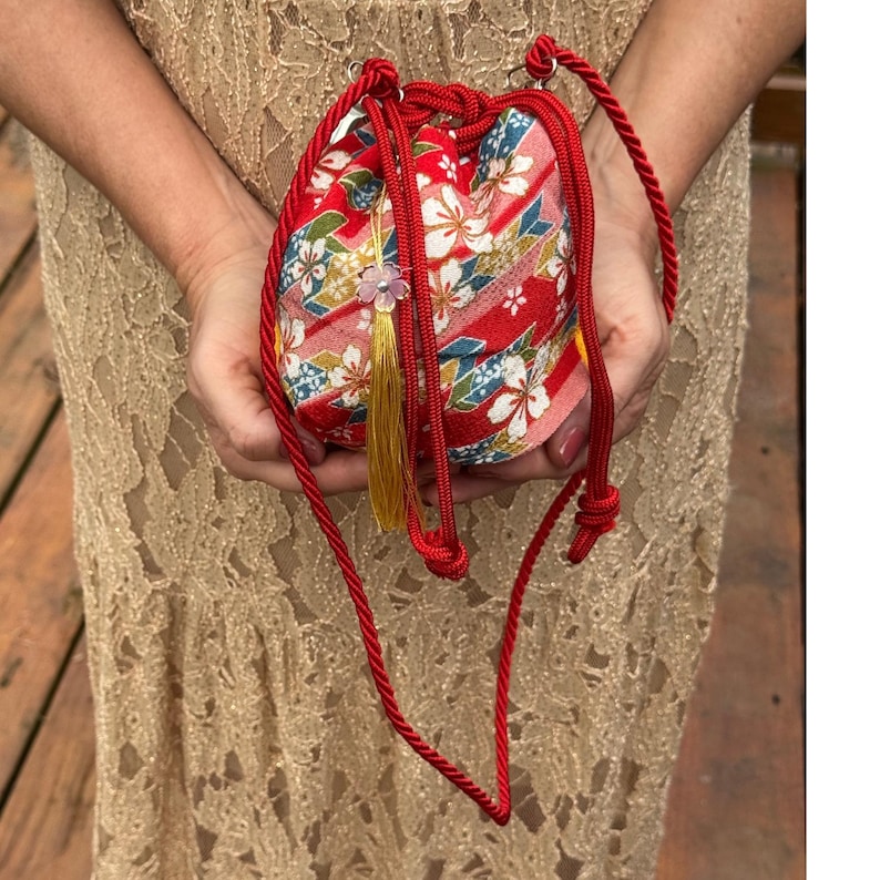 Japanese Kinchaku Purse Red Sakura Kimono Fabric Kyoto Drawstring