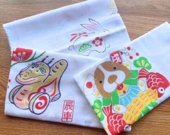 Essuie-mains japonais en coton Tenugui, zodiaque, dragon, lapin, kawaii, neuf