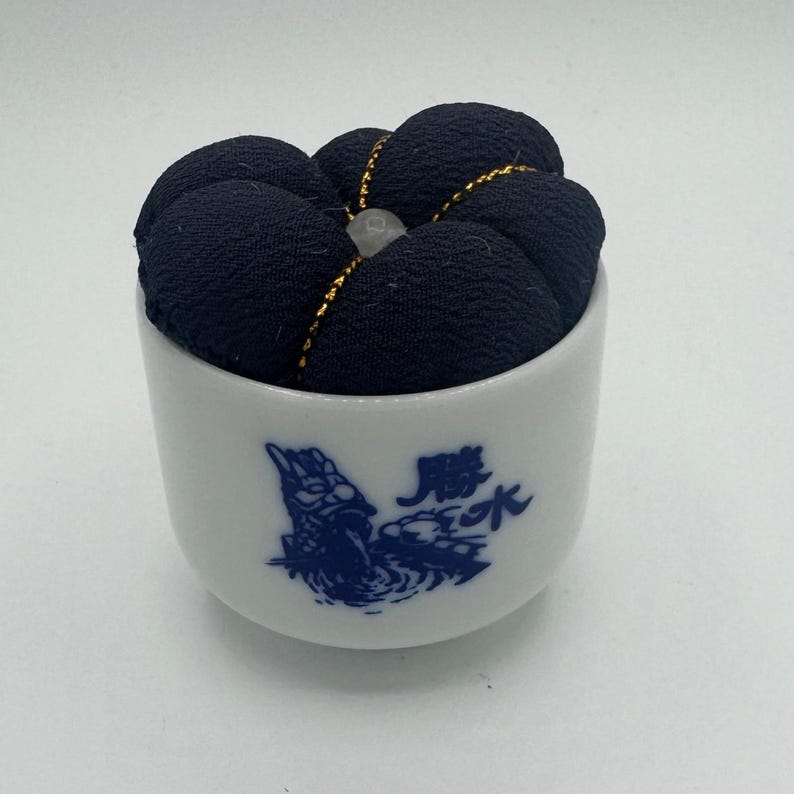 Vintage Kyoto Sake Cup Pincushion, Fushimi Ceramic Pin Cushion, Navy Blue Japanese Kimono Silk