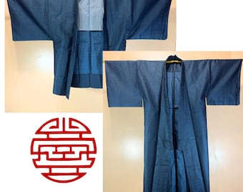 Men's Yukata and Haori Navy Blue Kimono Set from Japan