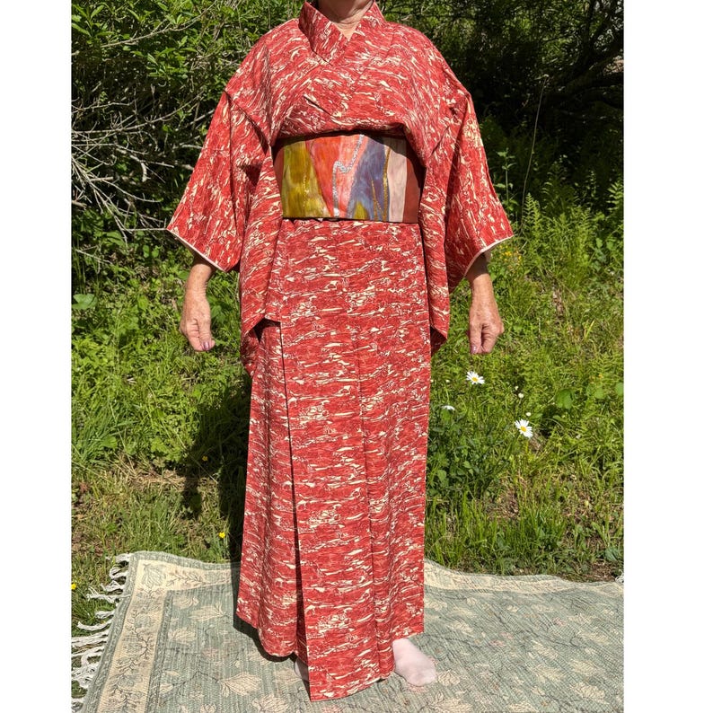Chirimen Silk Women's Kimono from Japan Orange Sansu Design