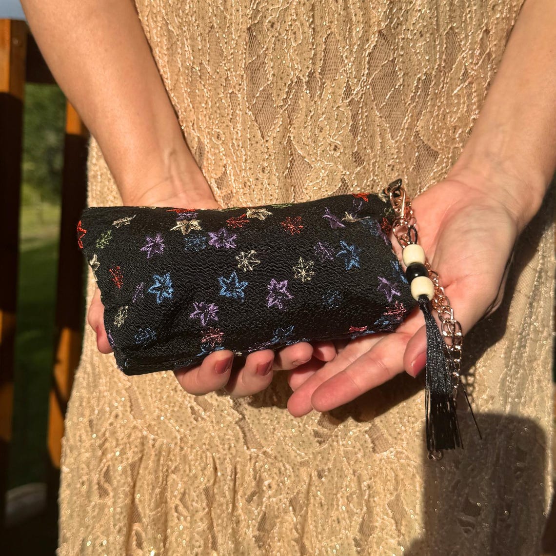 Japanese Makeup Bag Pouch Kimono Black Embroidered Fabric Kyoto Zipper