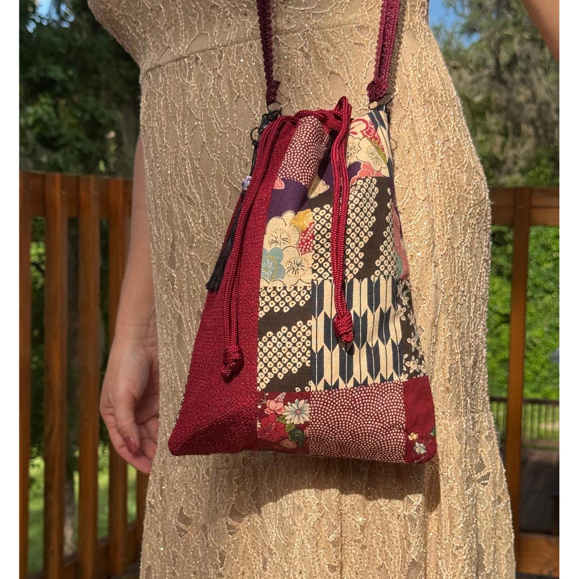 Japanese Kinchaku Purse Burgundy Kimono Fabric Kyoto Drawstring