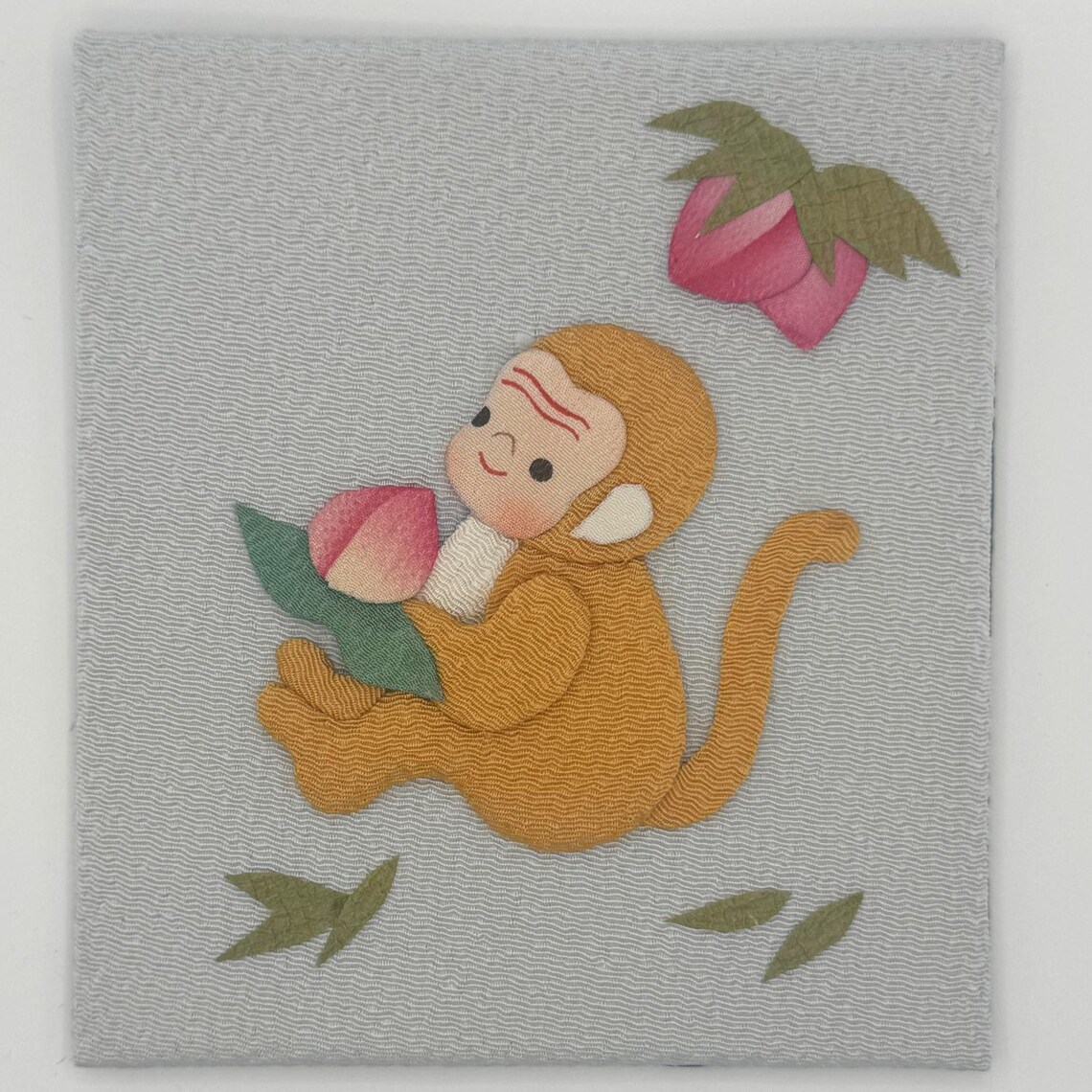 Japanese Oshie Monkey Handmade Applique Art Zodiac Wall Art Peach