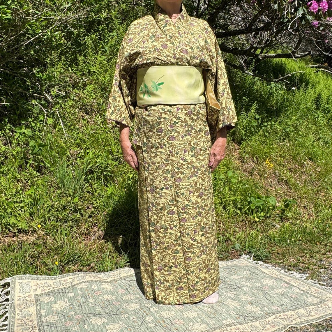 Chirimen Crepe Silk Women's Kimono from Japan Green Leaves Design