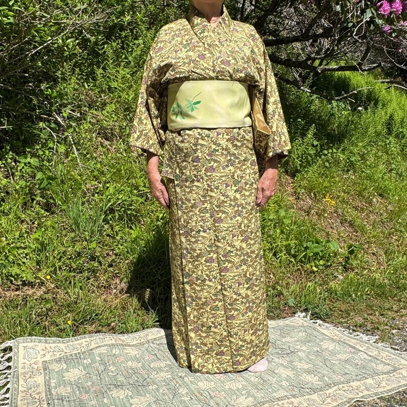 Chirimen Crepe Silk Women's Kimono from Japan Green Leaves Design