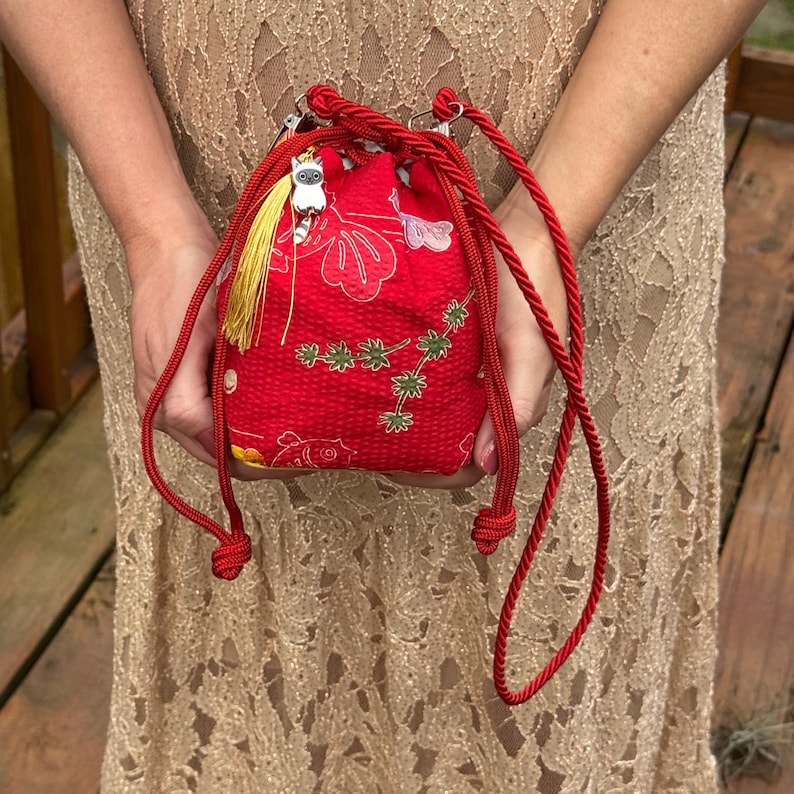 Japanese Kinchaku Purse Kimono Fish Fabric Kyoto Drawstring