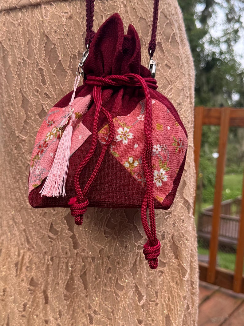 Japanese Lotus Kinchaku Purse Pink Sakura Kimono Fabric Kyoto Drawstring Shiawase Burgundy