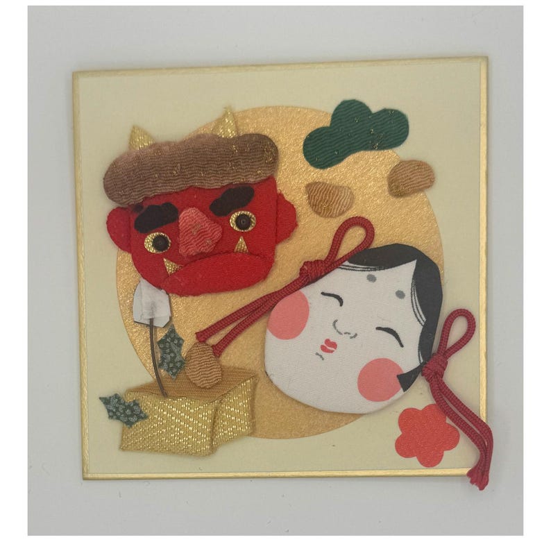 Japanese Oshie Setsubun Good Luck Handmade Applique Art Small