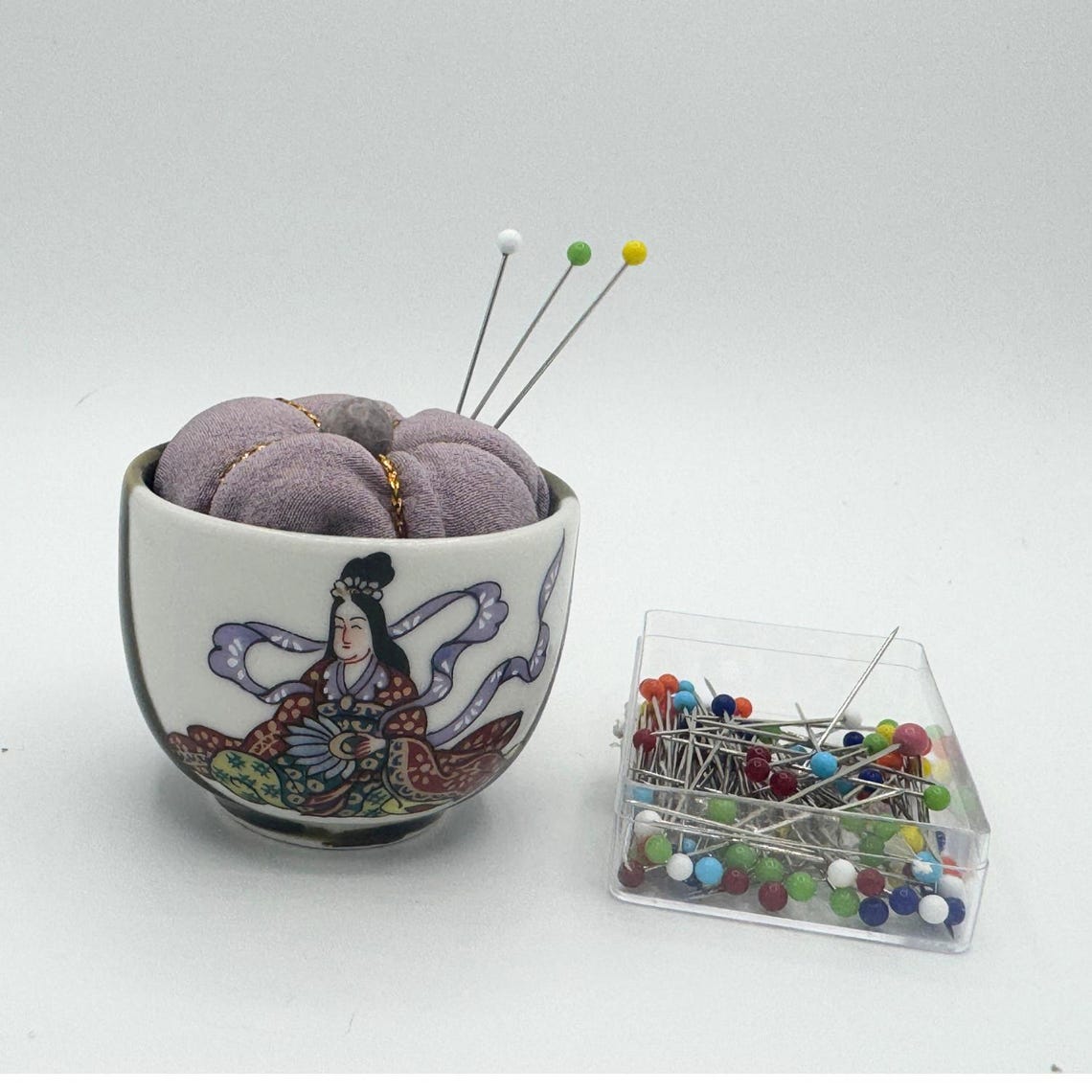 Vintage Kutani Sake Cup Pin Cushion: Chirimen Silk, Natural Stone Bead, Japanese Ochoko