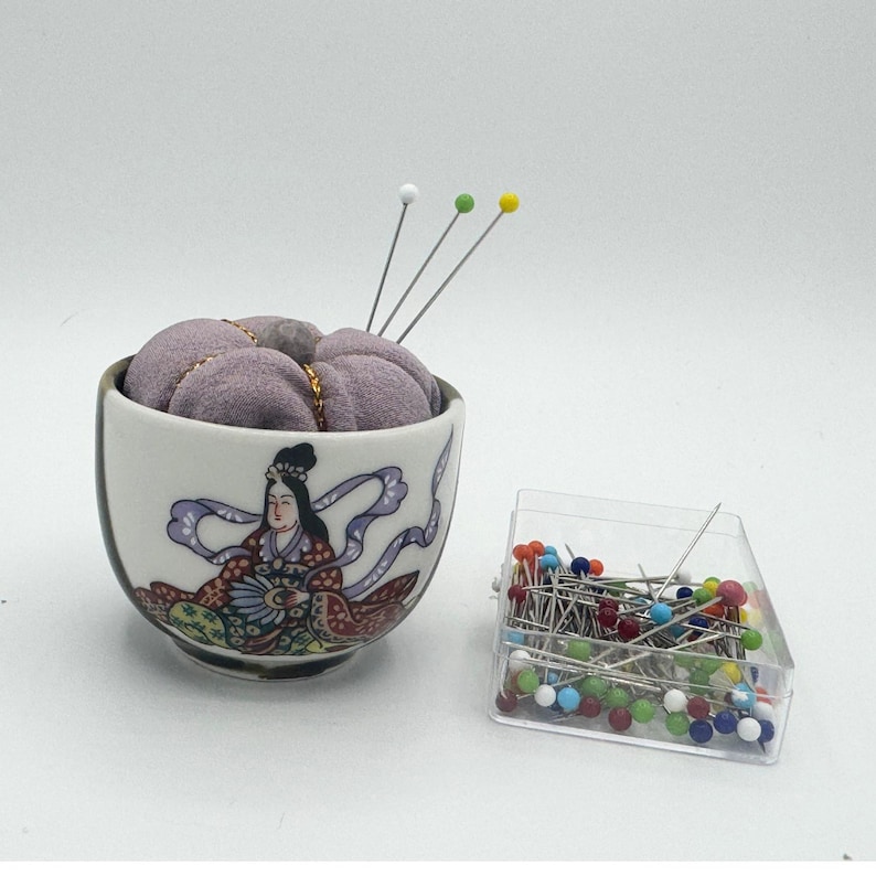 Vintage Kutani Sake Cup Pin Cushion: Chirimen Silk, Natural Stone Bead, Japanese Ochoko