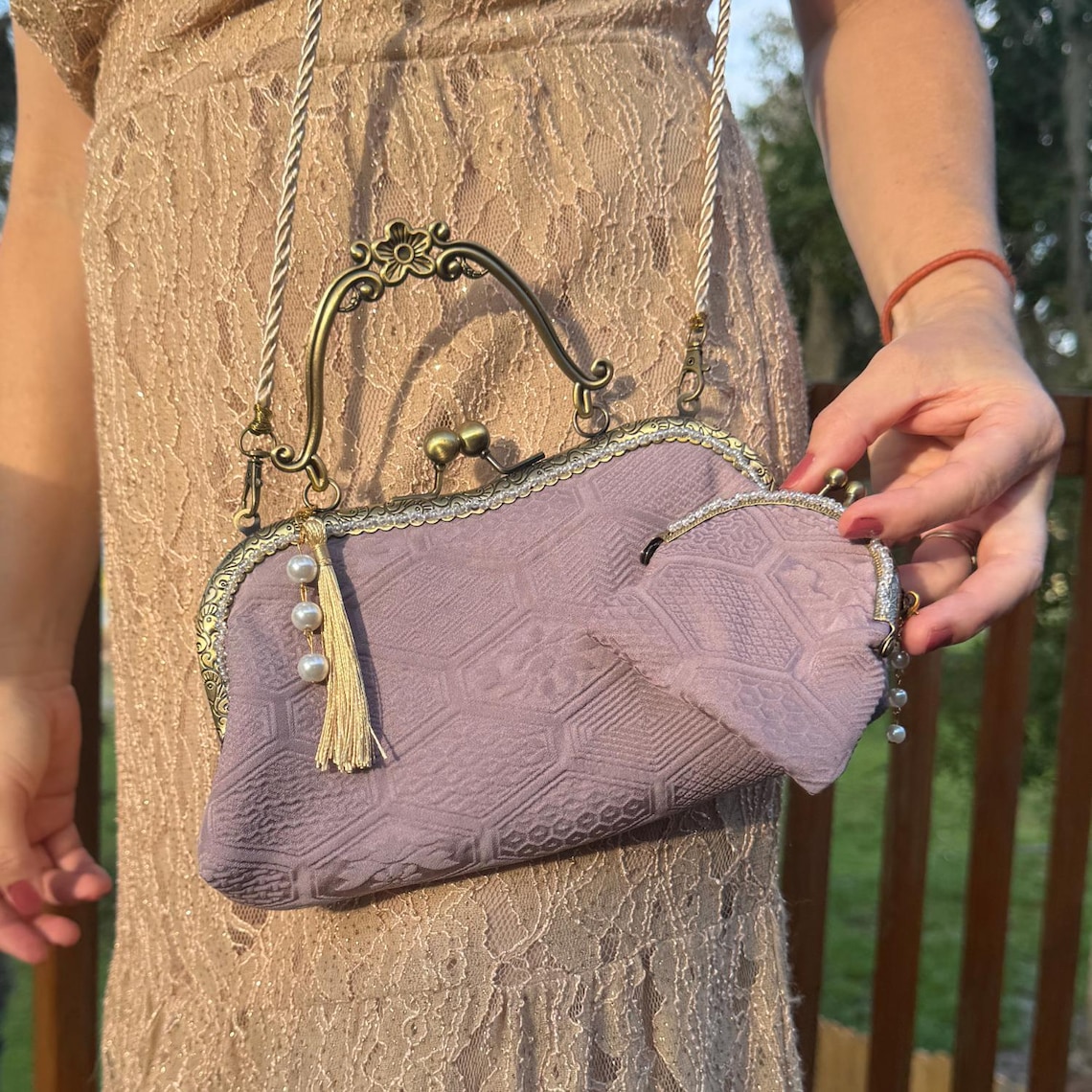 Fujiro Clutch Lavender Silk Kimono Bag 2 piece Set with Hand-Sewn Beads, Vintage Upcycled Japanese Purse, Kiss Lock, Evening Bag