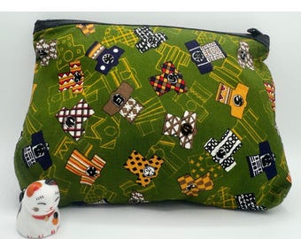 Neceser japonés de tela verde para festivales, Kioto, con cremallera.