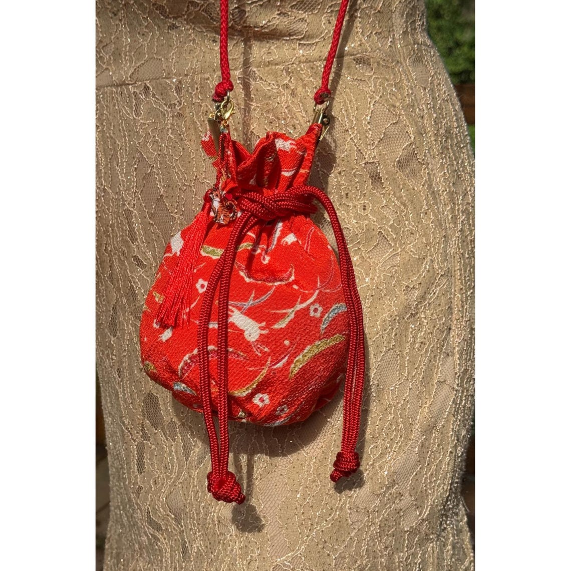Japanese Kinchaku Purse Orange Rabbit Kimono Fabric Kyoto Drawstring
