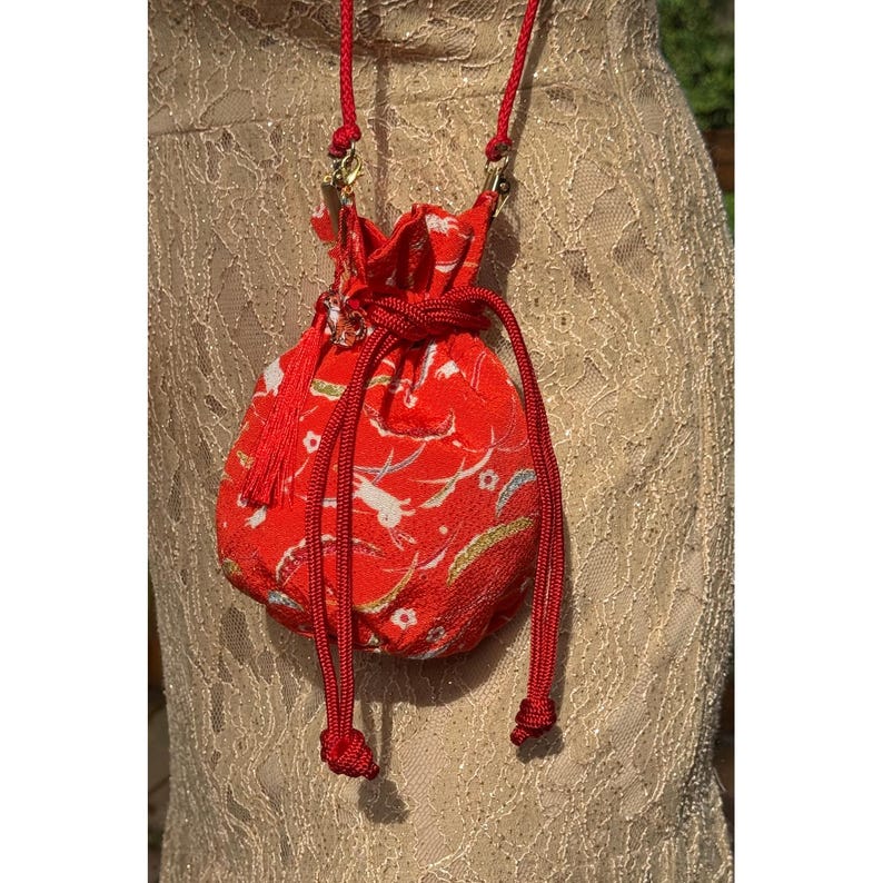 Japanese Kinchaku Purse Orange Rabbit Kimono Fabric Kyoto Drawstring
