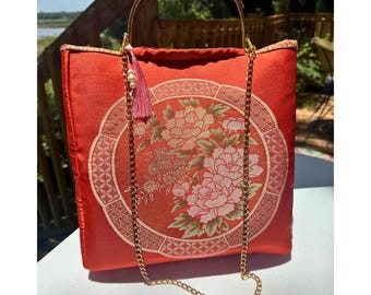 Silk Obi Bag with Gold Peony Crest, Handcrafted Japanese Kimono Purse, Kiss Lock Closure