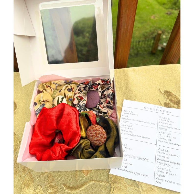 Handmade Japanese Silk Hair Accessory Gift Box 8 Piece Kimono Scrunchie Set With Information, Luxury Gift