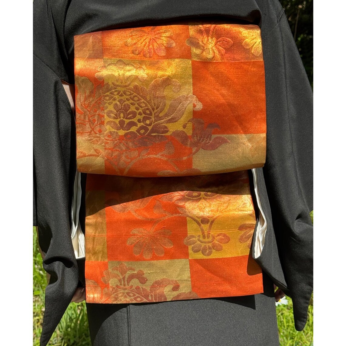 Gold Orange Ichimatsu Japanese Nagoya Obi Silk Formal Wedding