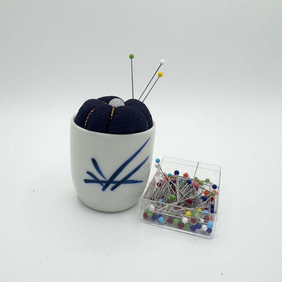 Vintage Kyoto Sake Cup Pincushion, Fushimi Ceramic Pin Cushion, Navy Blue Japanese Kimono Silk