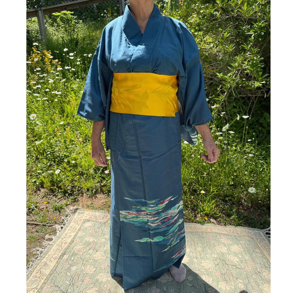 Blue Women's Yukata Kimono from Japan Watercolor Pattern