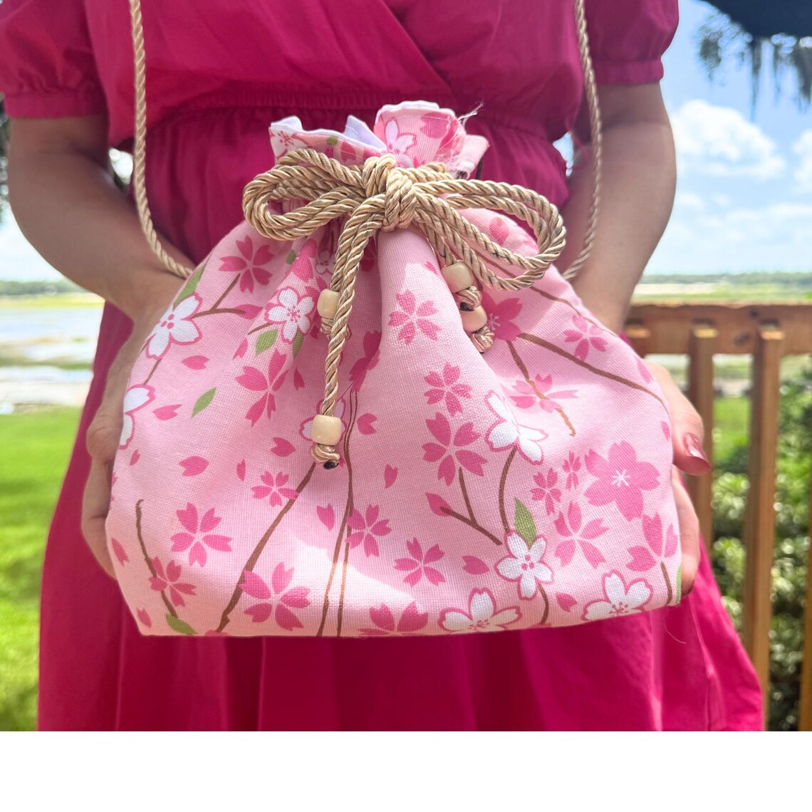 Pink Sakura Kinchaku Bag Japanese Tenugui Drawstring Crossbody Purse Bucket Bag