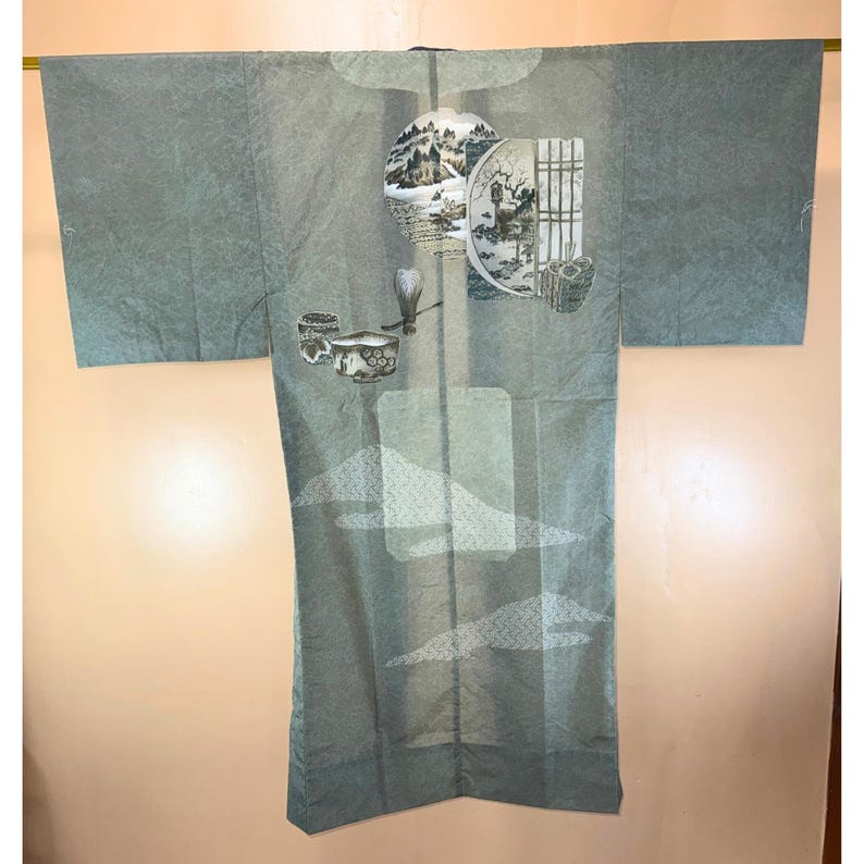 Men's Nagajuban Under Kimono Matcha Green Tea Art from Kyoto Japan