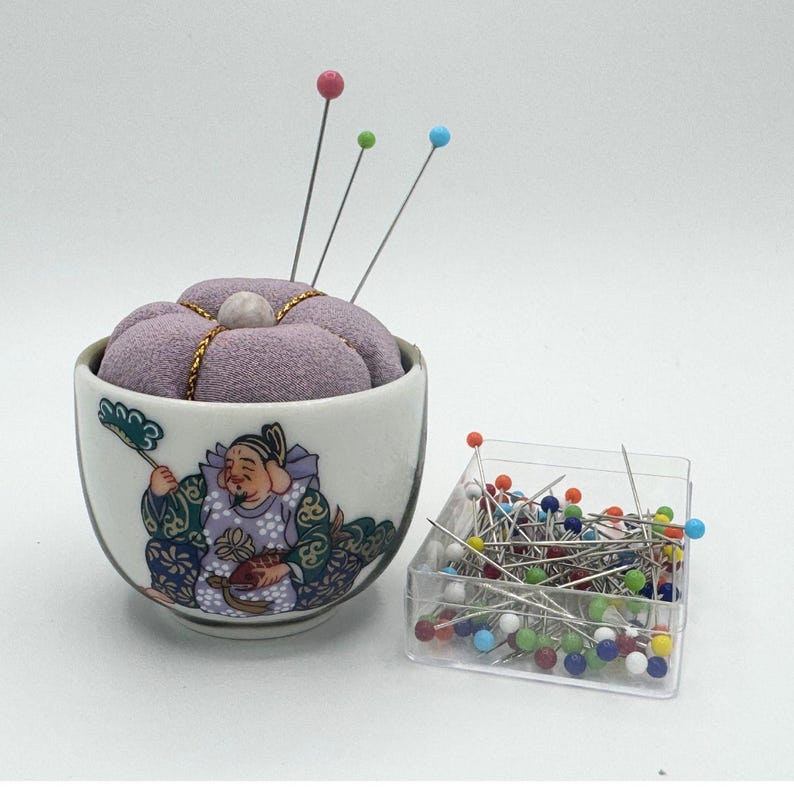 Vintage Kutani Sake Cup Pin Cushion: Chirimen Silk, Natural Stone Bead, Japanese Ochoko