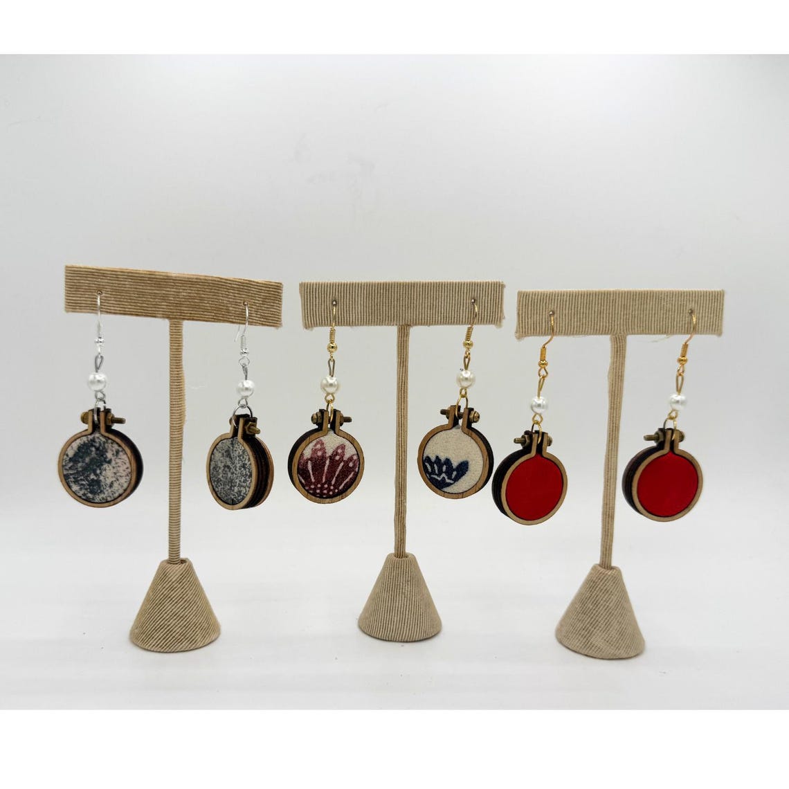 Japanese Kimono Silk Earrings with Wood and Glass Pearl: Set of 3