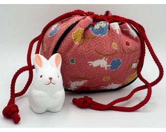 Japanische Kinchaku Kleine Schminktasche Pink Bunny Kimono Stoff Kyoto Kordelzug