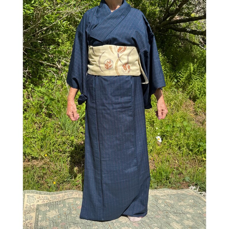 Navy Blue Striped Tsumugi Silk Women's Kimono from Japan