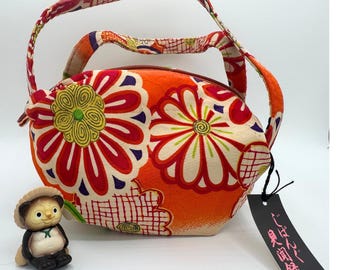 Japanese Makeup Bag Purse Orange Floral Kimono Fabric Kyoto