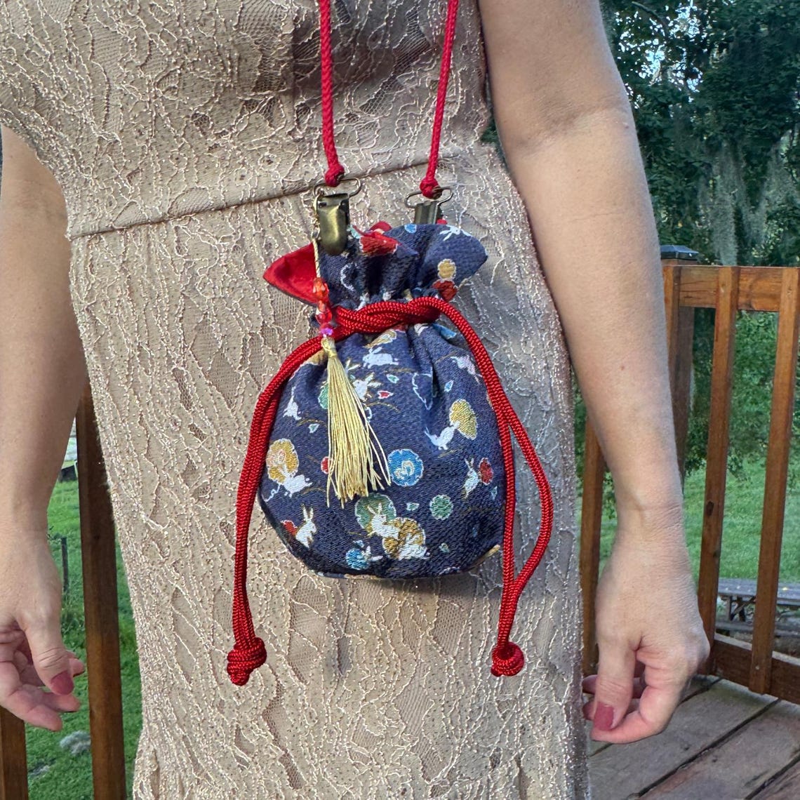 Japanese Kinchaku Purse Red Rabbit Kimono Fabric Kyoto Drawstring