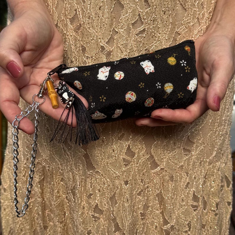 Japanese Makeup Bag Pouch Lucky Cat Black Kimono Fabric Kyoto Zipper