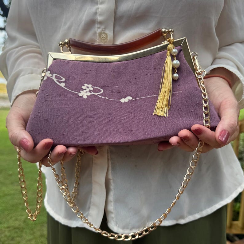 Shiraume Evening Double Kiss Lock Bag Purse Purple Katazome Clutch Japanese Silk OOAK 1/1