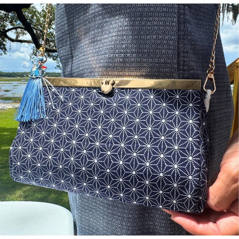 Indigo Blue Asanoha Crossbody Bag with Gold Bar Frame, Japanese Clutch, Navy Patterned Purse