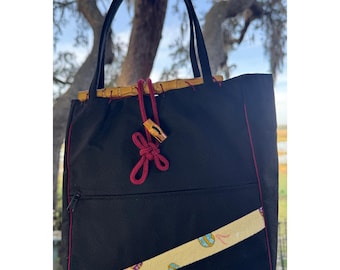 Japanse draagtas portemonnee zwarte bamboe trim kimonostof Kyoto