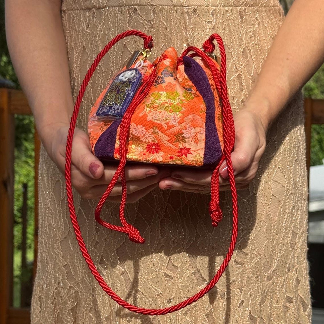 Japanese Kinchaku Purse Kimono Orange Obi Fabric Kyoto Drawstring