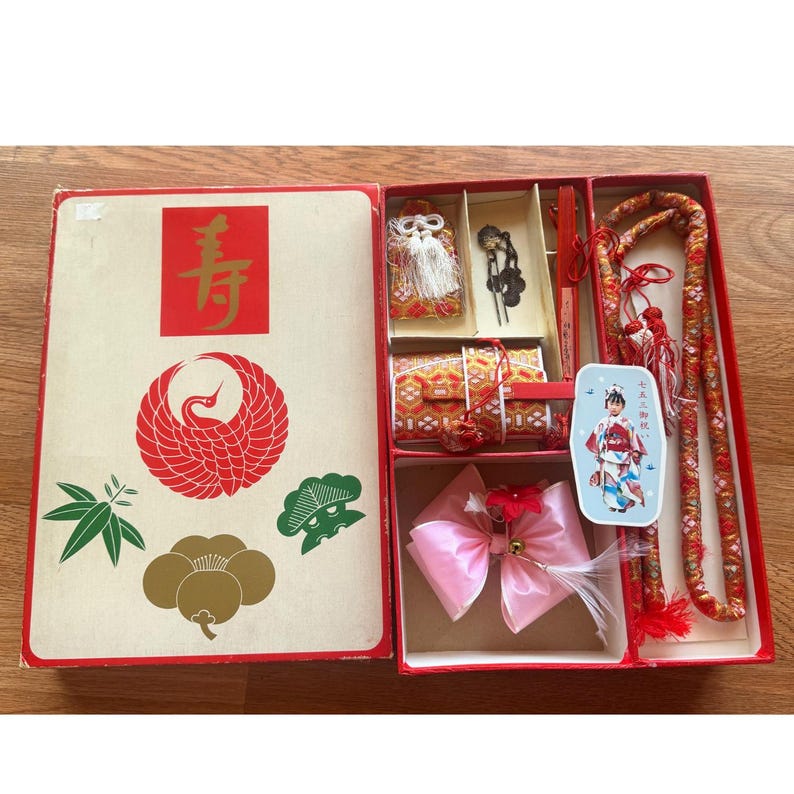 8 pc Hakoseko Set Japanese Boxed Shichi-Go-San Obijime Fan Kanzashi Kaiken