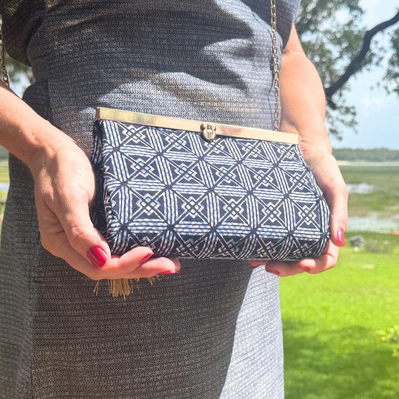 Indigo Blue Geometric Kasuri Pattern Clutch, Japanese Koshi Lattice Cotton Purse, Crossbody Chain Bag