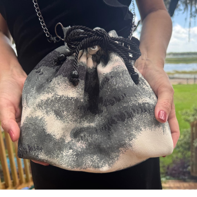 Gray Chirimen Silk Kinchaku Bag Upcycled Japanese Haori Drawstring Crossbody Purse Slouch Pouch