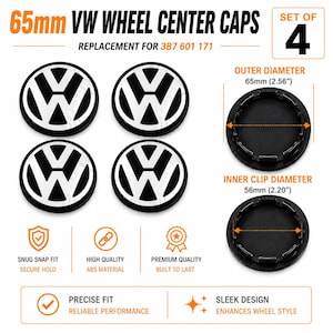 Op de afbeelding: Set van vier VW wieldopjes met een zwart en zilver ontwerp. De doppen hebben een buitendiameter van 65 mm (2,56 inch) en een binnendiameter van 56 mm (2,20 inch). De tekst luidt "REPLACEMENT FOR 3B7 601 171".