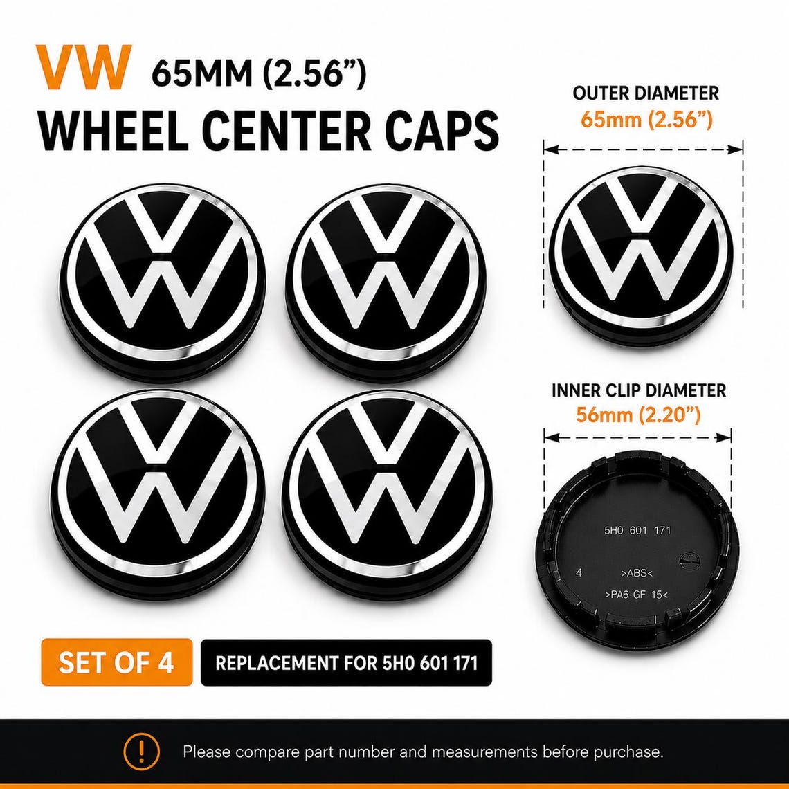 4x VW 65mm Alloy Wheel Center Caps Glossy Black Chrome ABS Aftermarket ...