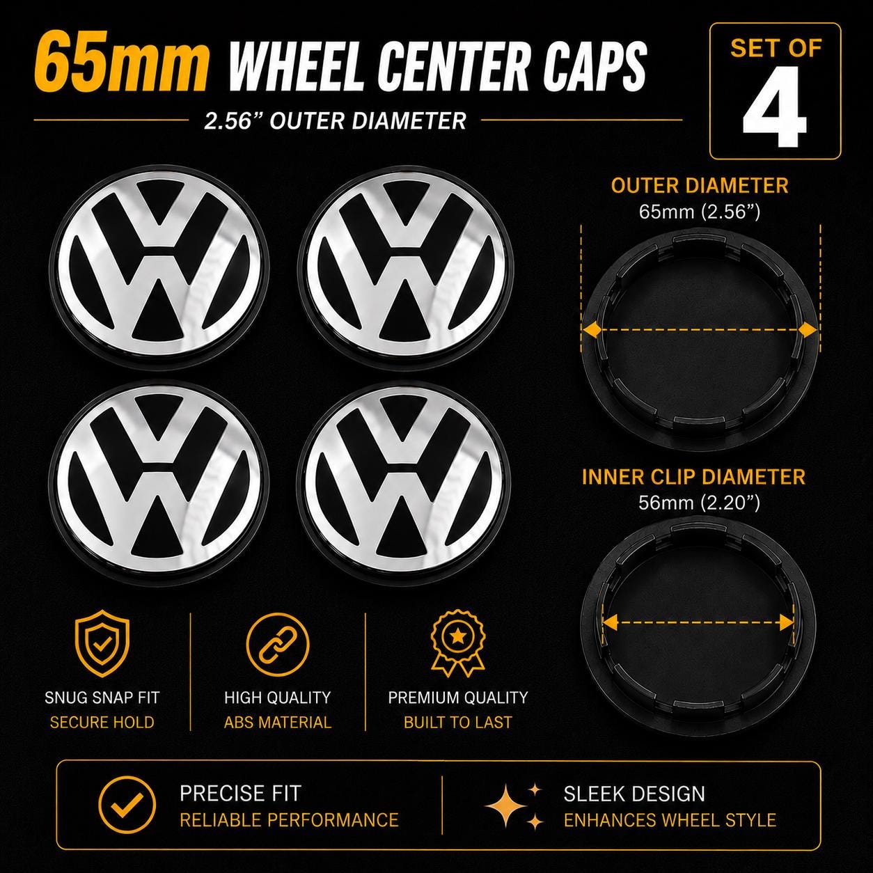 VW 65mm Wheel Center Caps Set – 56mm Inner Clip Diameter – Hub Caps Set ...